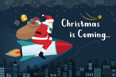 Mutlu Noel Baba Noel arifesinde rokete biniyor ve çuvalında hediyeler taşıyor.