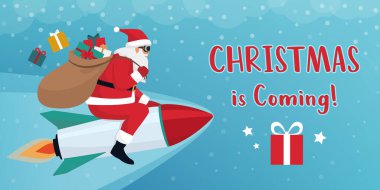Mutlu Noel Baba kar altında bir roketin üstünde uçuyor ve çuvalında Noel hediyeleri taşıyor.
