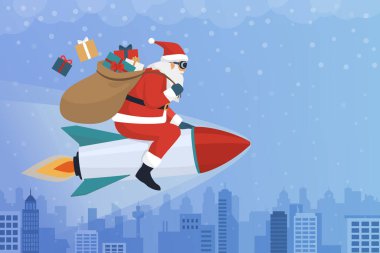 Mutlu Noel Baba roketle şehri aşıyor ve çantasında Noel hediyeleri taşıyor.
