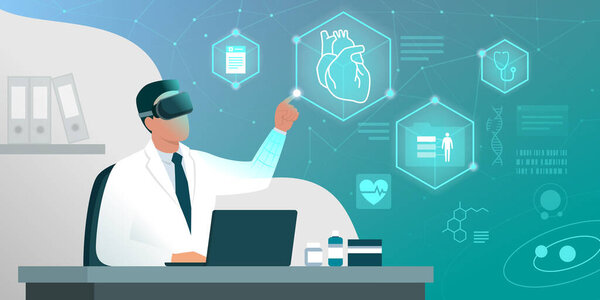 Doctor sitting at desk and working in his office, he is interacting with virtual reality and checking electronic medical records of his patients