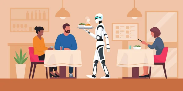 Robot Que Sirve Comida Restaurante Clientes Felices Concepto Sistema Camarero — Vector de stock