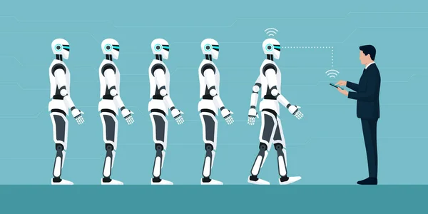 Zakenman Die Een Serie Humanoïde Robots Bestuurt Met Een Digitale — Stockvector