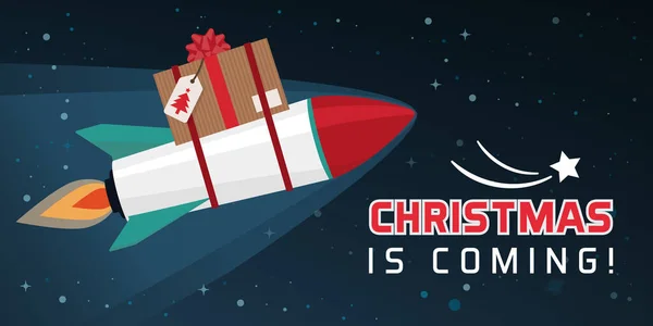 Ракета Літає Небі Несе Красивий Різдвяний Подарунок Концепція Швидкої Доставки — стоковий вектор
