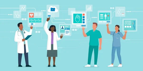 Επαγγελματίες Γιατροί Αλληλεπιδρούν Εικονικές Διεπαφές Στο Διαδίκτυο Ελέγχουν Ηλεκτρονικά Ιατρικά — Διανυσματικό Αρχείο