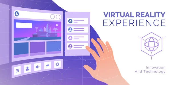 Benutzer Interagieren Mit Dreidimensionalen Virtuellen Bildschirmen Und Virtuellem Arbeitsplatzkonzept — Stockvektor