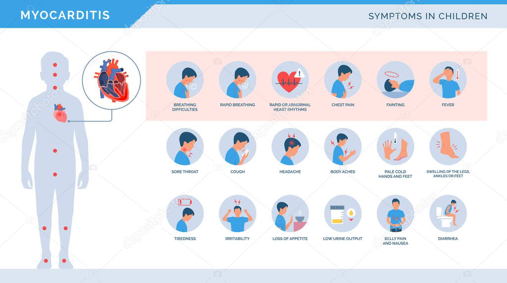 Myocarditis symptoms in children medical heart disease infographic with icons