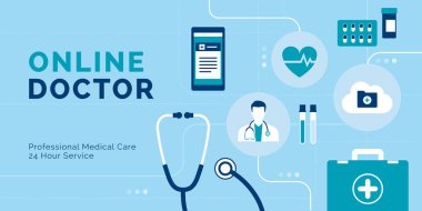 Tıbbi nesnelerle çevrimiçi doktor pankartı