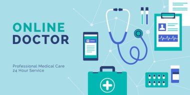 Tıbbi nesnelerle çevrimiçi doktor pankartı