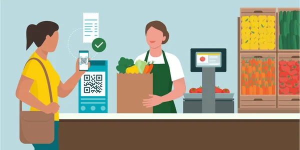 Woman Making Code Payment Grocery Store — Stockvector