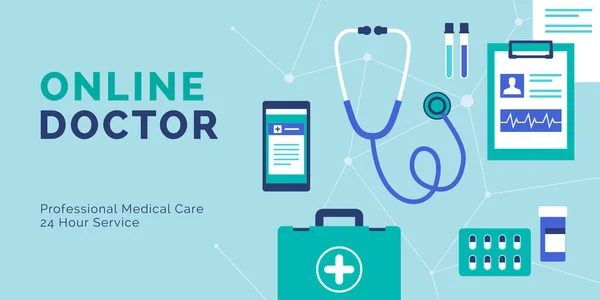 Online Doctor Banner Medical Objects — Vector de stock
