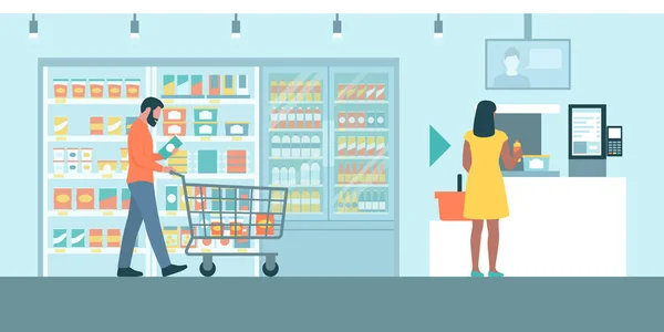 People Doing Grocery Shopping Using Self Checkout — Stockvector