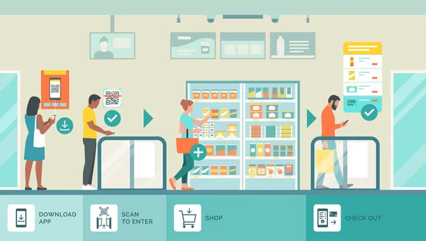 People Doing Grocery Shopping Automated Store — Stockvector