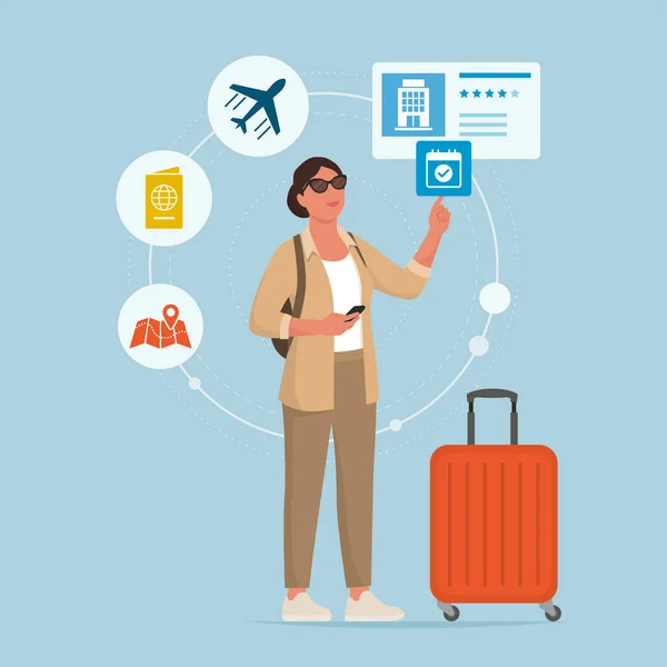 Tourist Woman Using Travel Services Online — Stock Vector