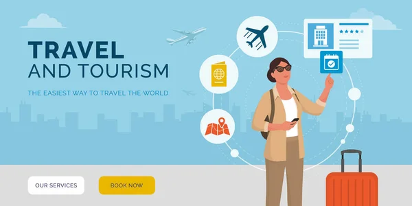 Tourist Woman Using Travel Services Online — Stockvector