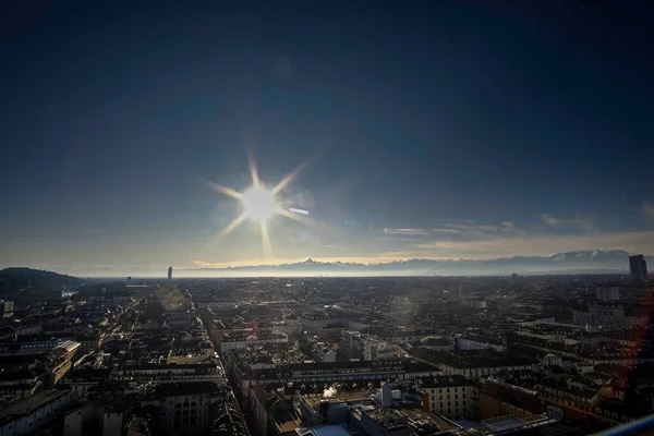 Panorama Cidade Turin Pôr Sol Com Cadeia Montanhosa Dos Alpes — Fotografia de Stock