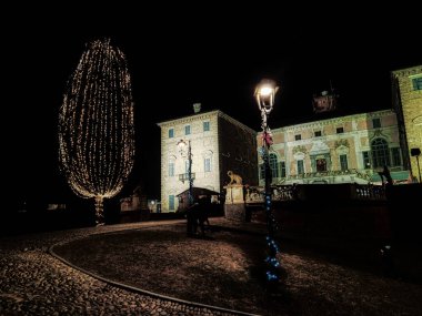 Govone Kalesi 'nin ışıklandırılmış Noel ağacı tatil sezonunda