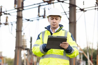 Özel elbiseli bir enerji mühendisi dijital tablet bilgisayarındaki elektrik sensörlerinden elde edilen verileri kullanarak güç hattını kontrol ediyor. Yüksek voltajlı elektrik direğine sahip elektrik mühendisi.