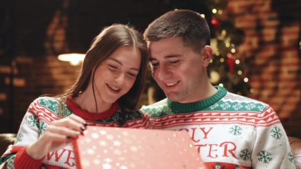 크리스마스 선물 상자를 여는 기분좋은 젊은 여성의 모습, 새해 이브가 크리스마스 트리 근처 집에 앉아 행복해 하는 것에 놀란 얼굴. Xmas 컨셉트. 휴일의 기적 — 비디오