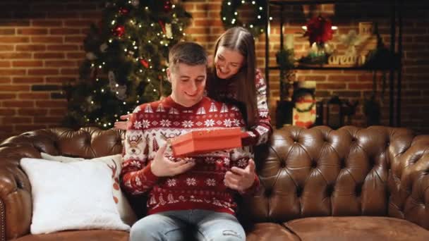 Sonriente joven mujer de 30 años cubriendo los ojos de sonriente marido curioso, dando caja envuelta con regalo de Navidad cerca del árbol festivo decorado, fiesta de invierno de Año Nuevo celebración familiar. Milagro de vacaciones — Vídeos de Stock
