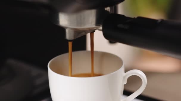 Pouring coffee stream from machine in cup. Home making hot Espresso. Flowing fresh ground coffee. Drinking roasted black coffee in the morning. Hot Coffee Drink Concept — Vídeo de Stock