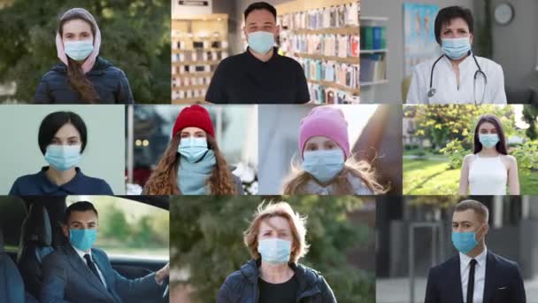 Montaje de pantalla múltiple Collage de diez personas de diferentes sexos y edades. Se ponen máscaras médicas protectoras en la cara. La gente seria del virus Corona usa máscaras mirando a la cámara. Personas multiétnicas — Vídeo de stock