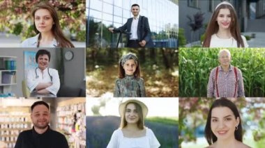 Montage of happy nine multi-cultural and multi-ethnic people of diverse background, gender, ethnicity, and ccupation smiling at posing looking at camera. Happy people of the world cheerfully smiling