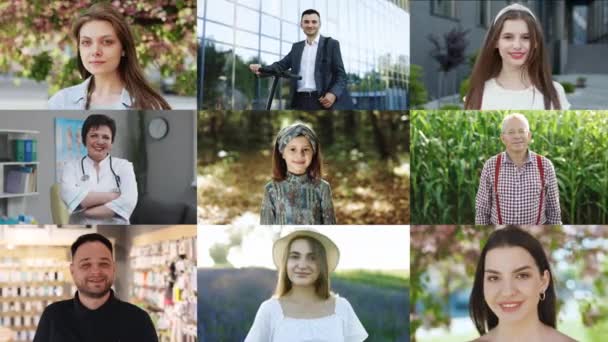 Montaje de felices nueve personas multiculturales y multiétnicas de diversa procedencia, género, etnia y ccupación sonriendo al posar mirando a la cámara. Gente feliz del mundo sonriendo alegremente — Vídeos de Stock