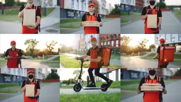 Montaje de pantalla múltiple del empleado trabajador de Deliveryman entregar cliente de pedido en línea. La entrega de comida de mensajero masculino con mochila térmica con scooter eléctrico utiliza la navegación de teléfonos inteligentes. Pizza — Vídeo de stock