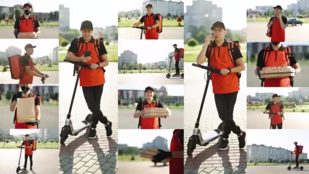Více obrazovky Montáž asijské muž kurýr dodávky potravin s červeným termálním batohem s elektrickým skútrem. Dodavatel pracovník doručit on-line objednávky zákazníka. Dodací služby — Stock video