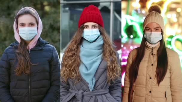 Grupo de personas en máscaras médicas, collage de pantalla múltiple máscara de virus ciudadanos en la calle que usan protección facial en la prevención del coronavirus covid 19 omicrón. Espacio público en cuarentena — Vídeos de Stock