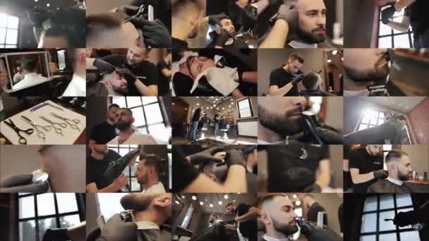 Multiple Screen Montage van kapper het maken van kapsel met elektrische trimmer in mannelijke salon. Stylist met trimmer en haarborstel. Kapper scheert klant baard met recht scheermes. — Stockvideo