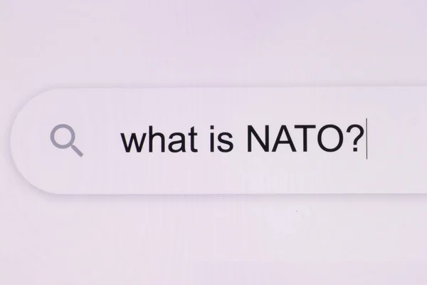 Wpisując słowo nato w przeglądarce na pikselowym ekranie komputera. Czym jest NATO - pasek wyszukiwarki internetowej wpisujący pytanie dyplomatyczne — Zdjęcie stockowe