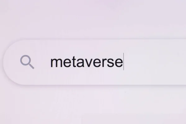 Metaverse - Bar mesin pencari peramban internet layar pc teknologi pengetikan terkait pertanyaan. Metaverse dalam berita utama media di seluruh dunia. Konsep Metaverse. — Stok Foto