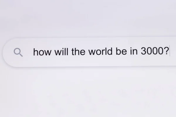 Hoe zal de wereld in 3000 - Pc scherm internet browser zoekmachine bar typen toekomstige gerelateerde vraag. Zoeken naar een Online Netwerk Website — Stockfoto