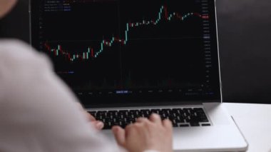 İş kadını bilgisayarlı el bilgisayarı NFT yazıları merkezi olmayan devpos, iş çevrimiçi ağ şifreleme dijital dünya metaevren teknolojisi. Bitcoin tahmin grafiği analizi eğilimi