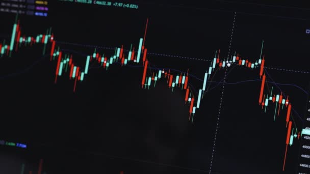 Gráfico de criptomoneda en línea. Cotizaciones de eth y btc en bolsa. Tabla bursátil de Bitcoin Ethereum. Ver en la aplicación en la pantalla de la computadora portátil o PC — Vídeos de Stock