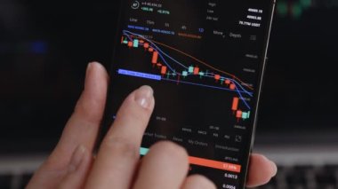 İş kadını, cep telefonu ekranında dijital takas, kripto para birimi gelecekteki fiyat öngörüsü konseptinde Bitcoin fiyat tablosunu kontrol ediyor. Borsacı ekrandaki verilere bakıyor