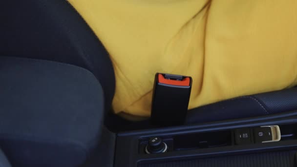 Woman Hand Fastening Car Safety Seat Belt Protection Road Safety — Stockvideo