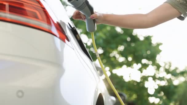 Vrouw Verbindt Stekker Met Elektrische Auto Activeert Opladen App Smartphone — Stockvideo