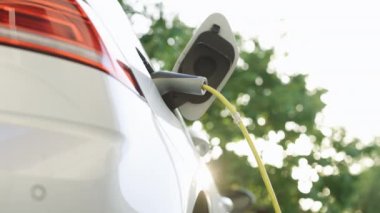 Woman hands unplugging electric car cable. Girl stopping charging using app on mobile phone smart phone. Eco friendly transport. Female hands disconnects plug power cable to charge electric car.