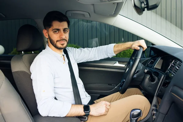 Portrait Handsome Young Businessman Smiling While Driving New Car Young — Stockfoto