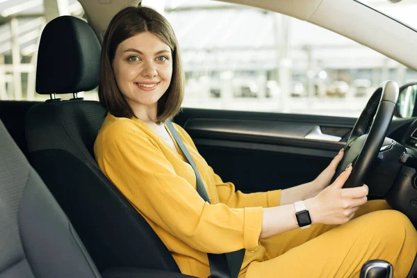 Portrait Young Woman Fasten Seat Belt Her Car Protection Female — Stock fotografie