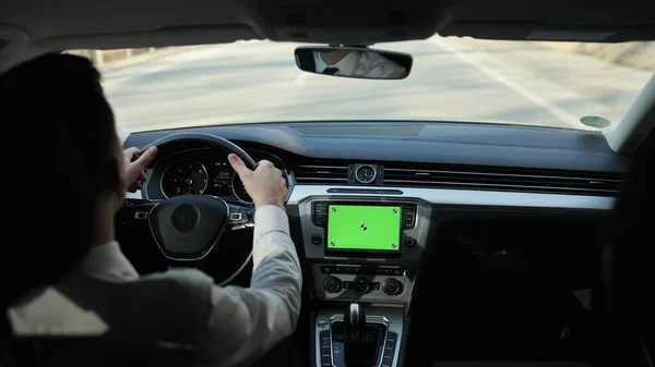 Green Screen Dashboard Car Panel Driving Male Person Background Navigating — Fotografia de Stock