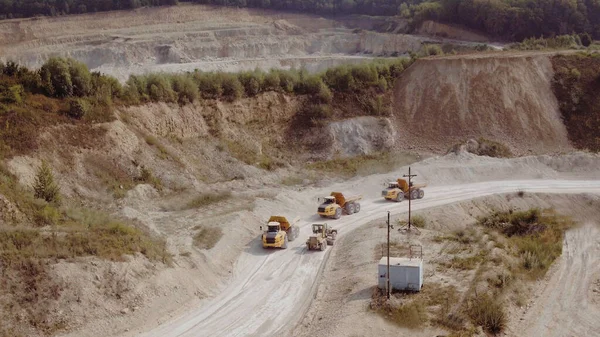 Heavy Dump Trucks Coal Mining Area Aerial View Quarry Mining — Stockfoto