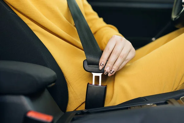Woman Hand Fastening Car Safety Seat Belt Protection Road Safety — Stock Fotó