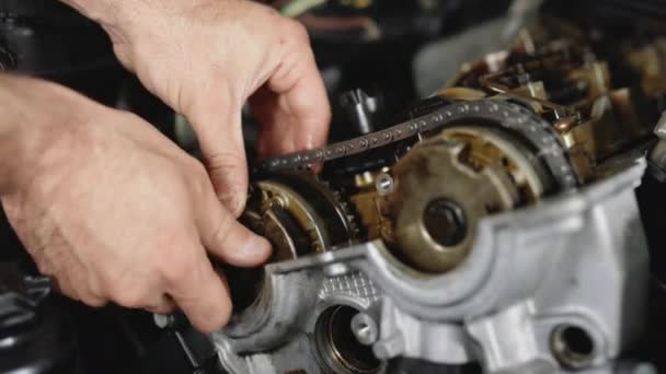 Car Mechanic Adjusts Front Housing Car Engine Repair Shop Car — Stockvideo