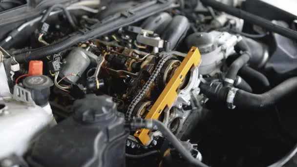 Disassembled Motorcycle Engine Professional Mechanic Repairing Motor Using Tool Car — Wideo stockowe