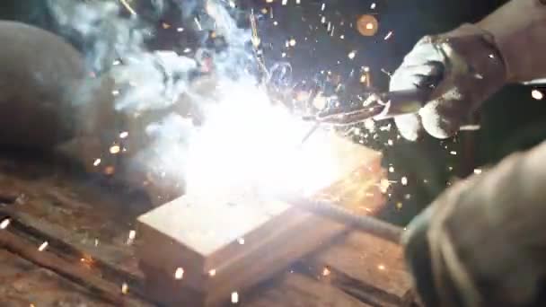 Welding Metal Parts Factory Welder Welding Gloves Welds Metal Structure — стоковое видео