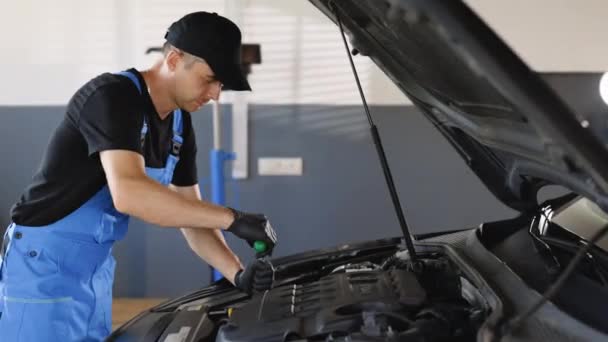 Empowering Male Mechanic Working Car Service Man Working Usual Car — kuvapankkivideo