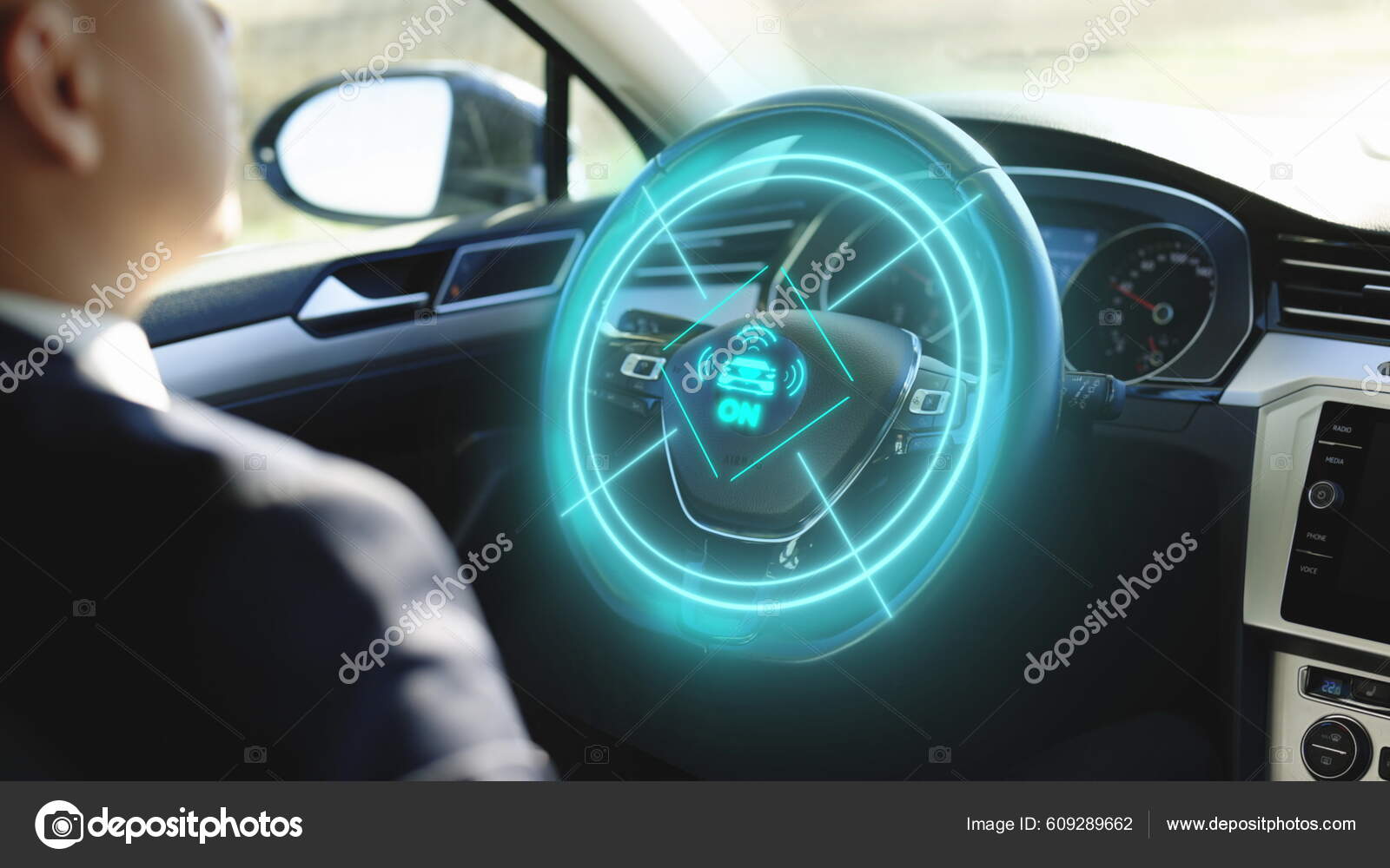 Vehicle Starts Autonomous Self Driving Man Driving Futuristic Car